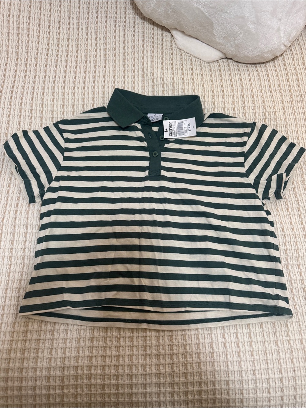 Green & Cream Striped Polo Shirt - Classic Short Sleeve